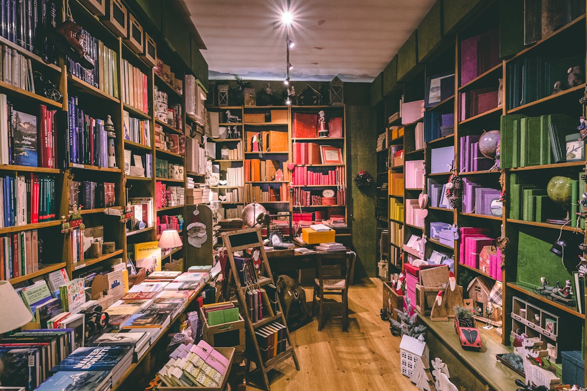 Cozy gift shop shelves with books and gifts